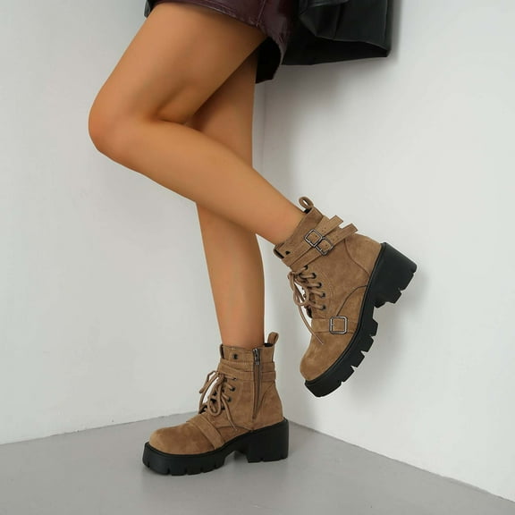 PiGOGI Women's Lace-Up Ankle Boots with Buckle Straps Chunky Heel Casual Boots for Women Coffee 43