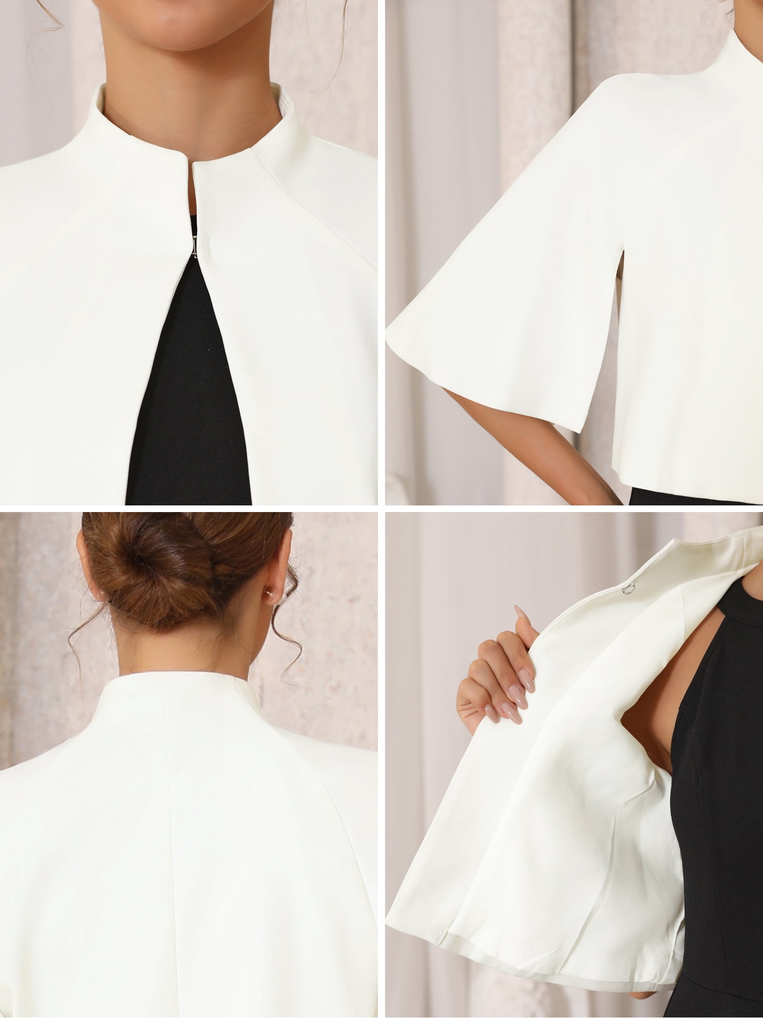 DARING DIVA Women's Formal Shrug Crewneck Split Short Sleeve Cape Blazer S White