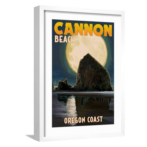 Art.com Cannon Beach, Oregon - Haystack Rock and Full Moon Art Print by Lantern Press, White Frame Wall Art, 17" x 23"