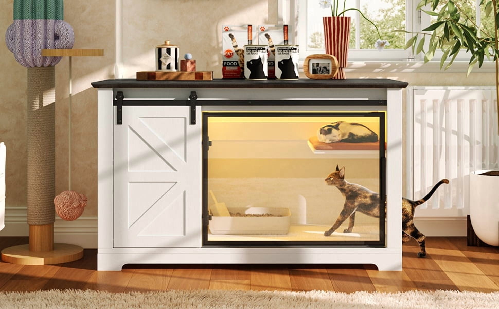 46" Farmhouse Cat Litter Box Enclosure with Sliding Barn Door, White Large Hidden Acrylic Door Cat Cabienet with LED Light, Cat Washroom Furniture with Storage Cabinet, Cat House Nightstand