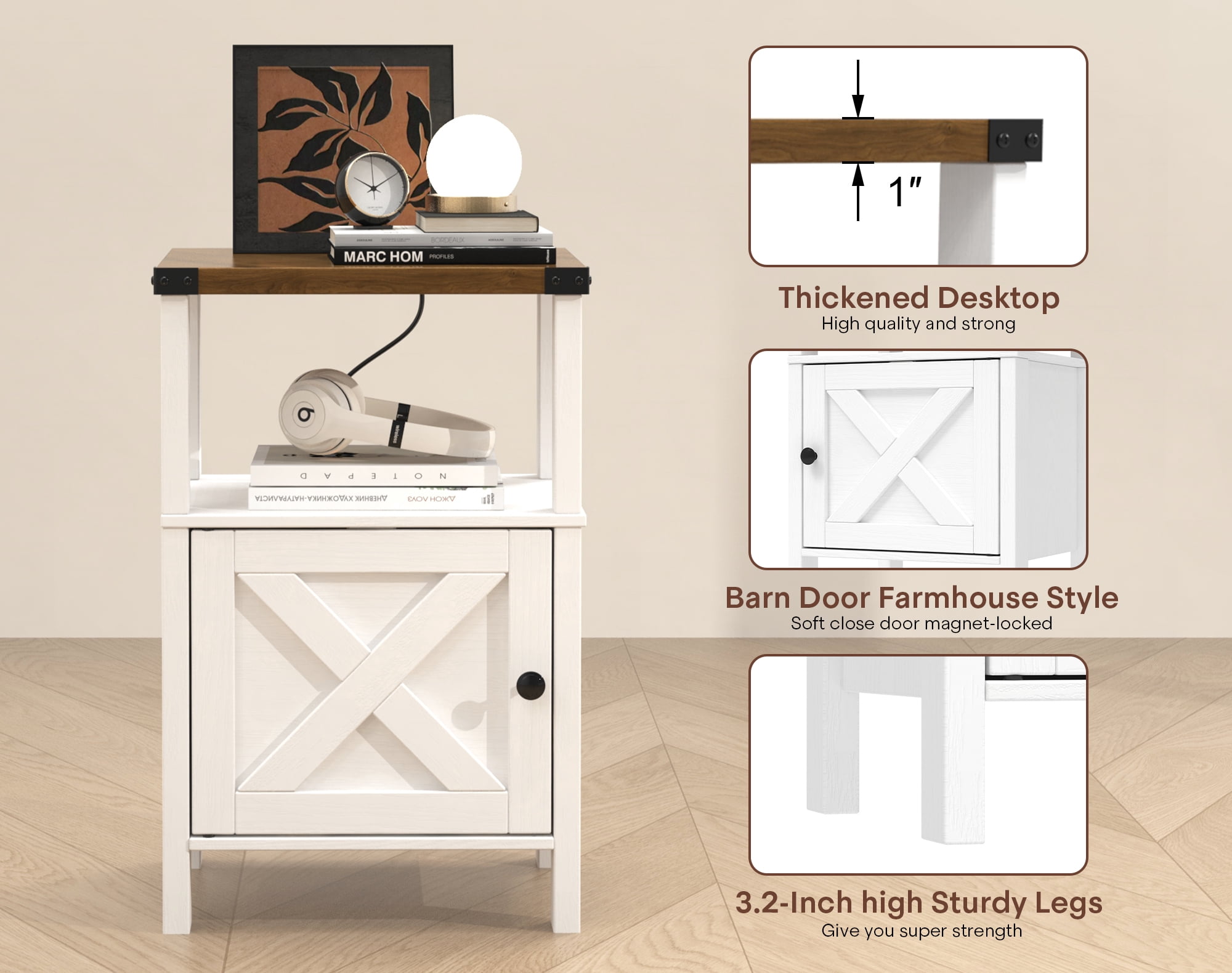 EVOKEDEN 2PCS Farmhouse Nightstands w/ Charging Station & Storage, Wood Side Table w/ Barn Door for Bedroom Living Room, White