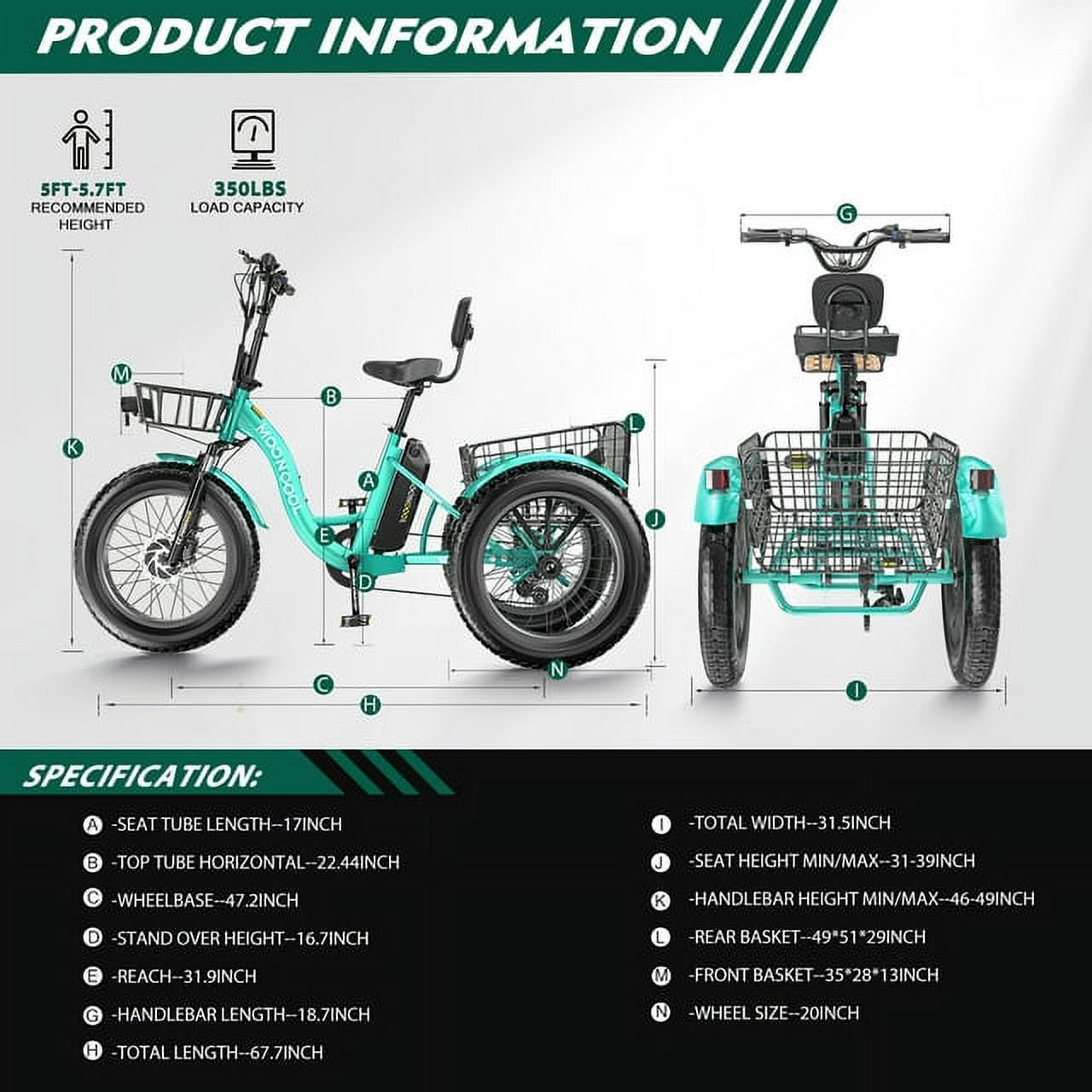 ABORON Electric Trikes for Adults Fat Tire 20" Electric Tricycle for Senior, 500W 3 Wheel E-Bike 48V 14.5Ah, 7 Speed Aluminum Electric Bicycle with Rear Basket, 25.6km/h(16mph)