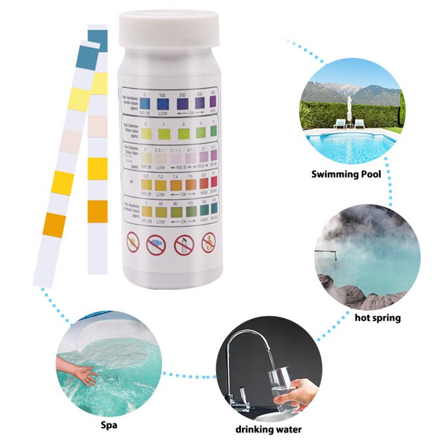 Tiras de prueba para piscina, tiras de prueba de calidad del agua 5 en 1, kit de tiras de prueba para PH, cloro total, álcali total, dureza total, ácido cianúrico (100PCS) ShuxiuWang 8390605506475