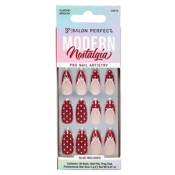 Salon Perfect Artificial Fake Press On Nails, 512 Modern Nostalgia, Polka Dot, Medium Almond, File, Glue and Prep Pad Included, 30 Nails
