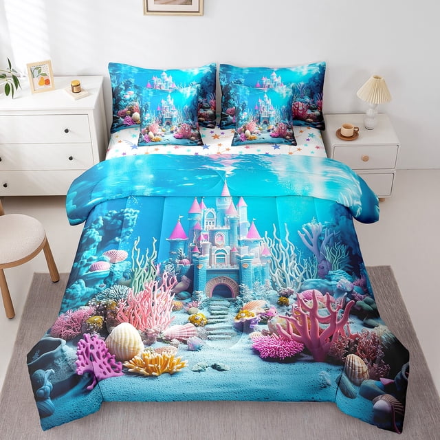 Erosebridal Ocean Castle Bedding Queen Size,Underwater World Bedding Sets Queen Size,Princess Decor,Reversible,Super Cozy,7pcs