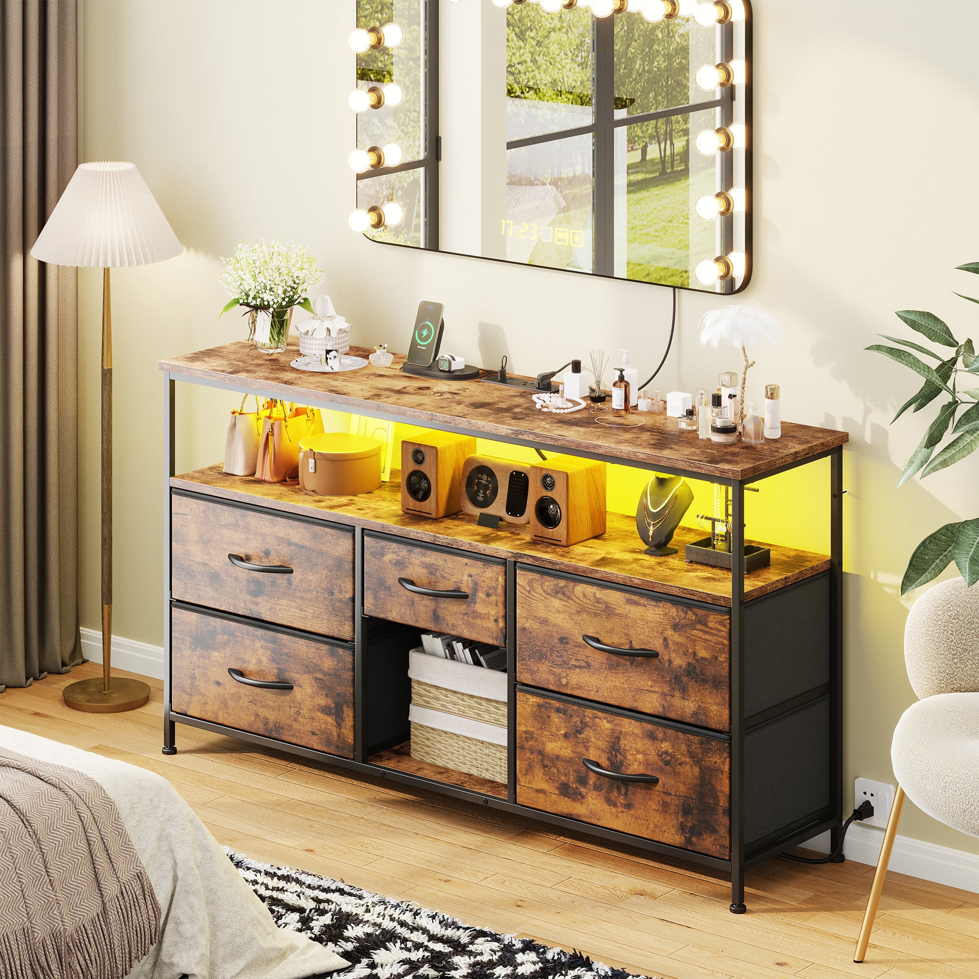 Romorgniz Wide Dresser with 5 Drawers for 50" TV Stand with Power Outlets & LED Lights & Entertainment Center,Dressers for Bedroom with Shelves for Living Room, Sturdy Metal Frame, Rustic Brown