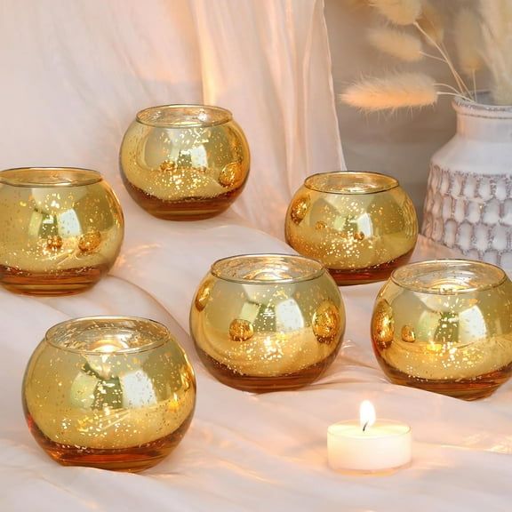 6pcs Large Gold Votive Candle Holders, 2.17" × 2.91" Round Mercury Glass Tealight Candles for Wedding Table Centerpiece, Gold Party & Home Decor