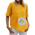 thumbnail image 1 of Chemises d'Été pour Femmes Col Rond Imprimé Coton Lin Haut Grande Taille Ourlet Irrégulier Décontracté Confortable Manches Courtes Blouse, 1 of 4