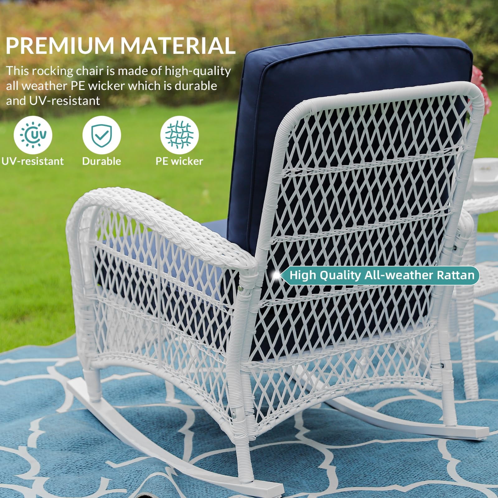 MEETWARM 3 Pieces Patio Conversation Set, Rattan Outdoor Rocking Patio Bistro Set with 2 Rockers and 1 Side Table with 4" Thick Cushions, Outdoor Furniture Set for Porch Backyard, White Wicker/Navy
