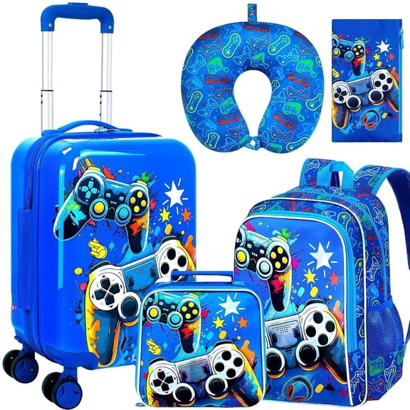 5PCS Kids Suitcase, Airline-Approved Carry-On with 360° Spinner Wheels, Cute Travel Luggage for Boys & Toddlers - Fun Game Blue