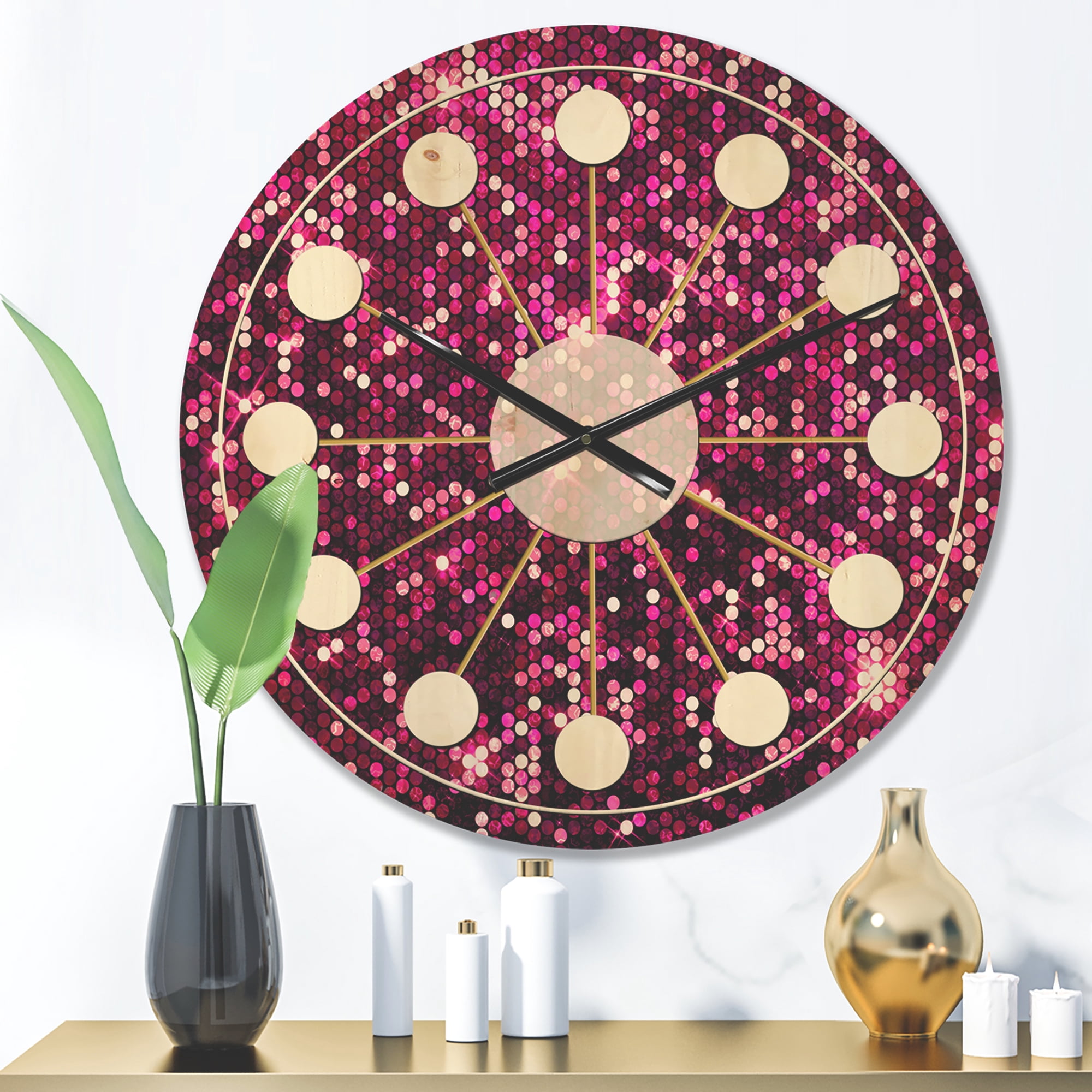 Designart 'Pink Sparkle Glitter Retro' Mid-Century Modern Wood Wall Clock