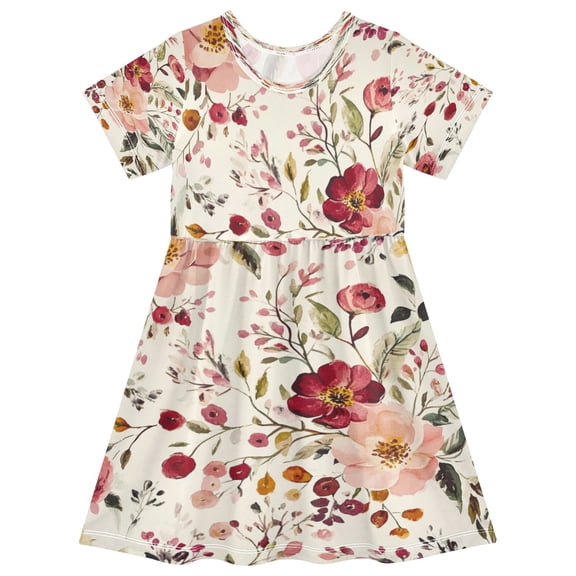 Girls Short Sleeve A-Line Dress Vintage Floral Print Pattern Play Dress Sizes 2T
