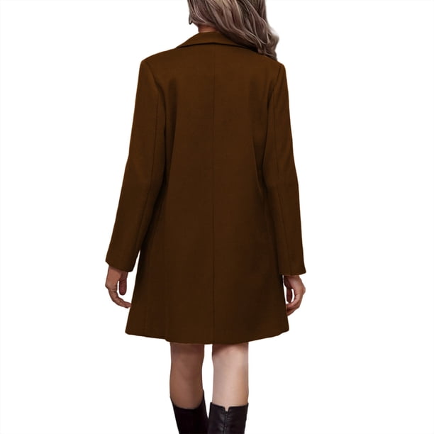 Womens Mid-Long Coat Notched Lapel Collar Double Breasted Pea Coat
