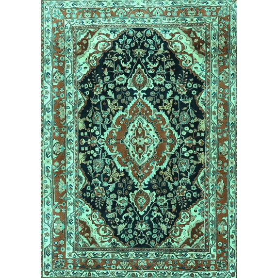Ahgly Company Machine Washable Indoor Rectangle Medallion Turquoise Blue Traditional Area Rugs, 4' x 6'