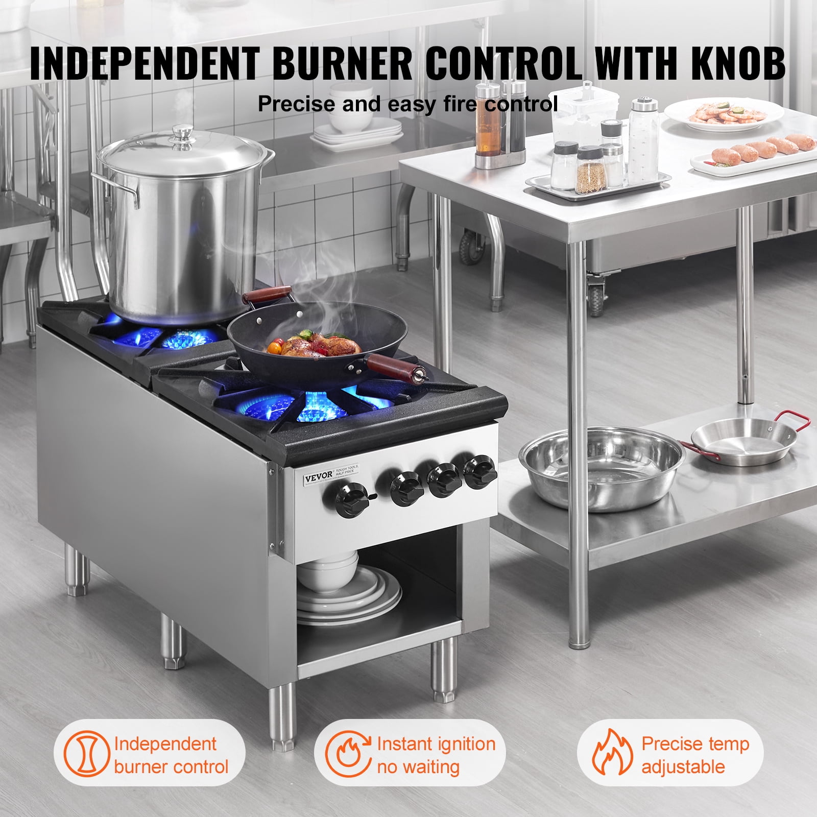 VEVOR Commercial Gas Stove with 2 Burners, Propane and Natural Gas Countertop Cooking Stove Range, Stainless Steel Gas Hot Plate, Commercial Cooking Equipment for Restaurant, 180,000 BTU