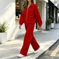 thumbnail image 6 of Women 2 Piece Outfit Set Solid Color Zip up Collared Long Sleeve Top Elastic Waist Wide Leg Pants Loose Casual Tracksuit Loungewear Set with Pockets Red, 6 of 8