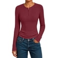 thumbnail image 2 of hotojiny Women's Fall Long Sleeve Henley T Shirts Soft Stretch Ribbed Button up Plain Basic Tee Slim Fitted Layering Tops(Wine,XX-Large), 2 of 7