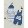 thumbnail image 4 of Baby Toddler Boys Summer Outfits 3 6 9 12 18 Months Stripe Short Sleeve Rompers Suspender Pants Hat 3Pcs Clothes Set, 4 of 9