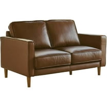 Pemberly Row 55" Contemporary Top-Grain Leather Loveseat in Chestnut