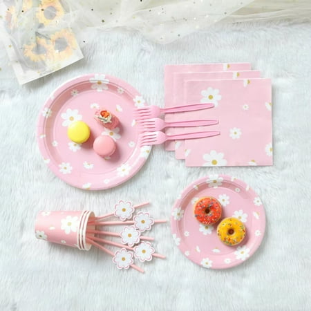Pink Theme Disposable Tableware Set for Birthday Party Baby Shower Wedding Decor - 16pcs 7/9inch Flower Plate Napkin Straws Banner included