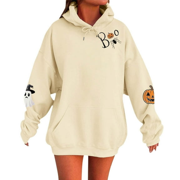 Women Hoodies Halloween Unisex Alphabet Graphic Pocket Sweatshirt Long Sleeve Pullover Tops Fall Warm Gear Beige L