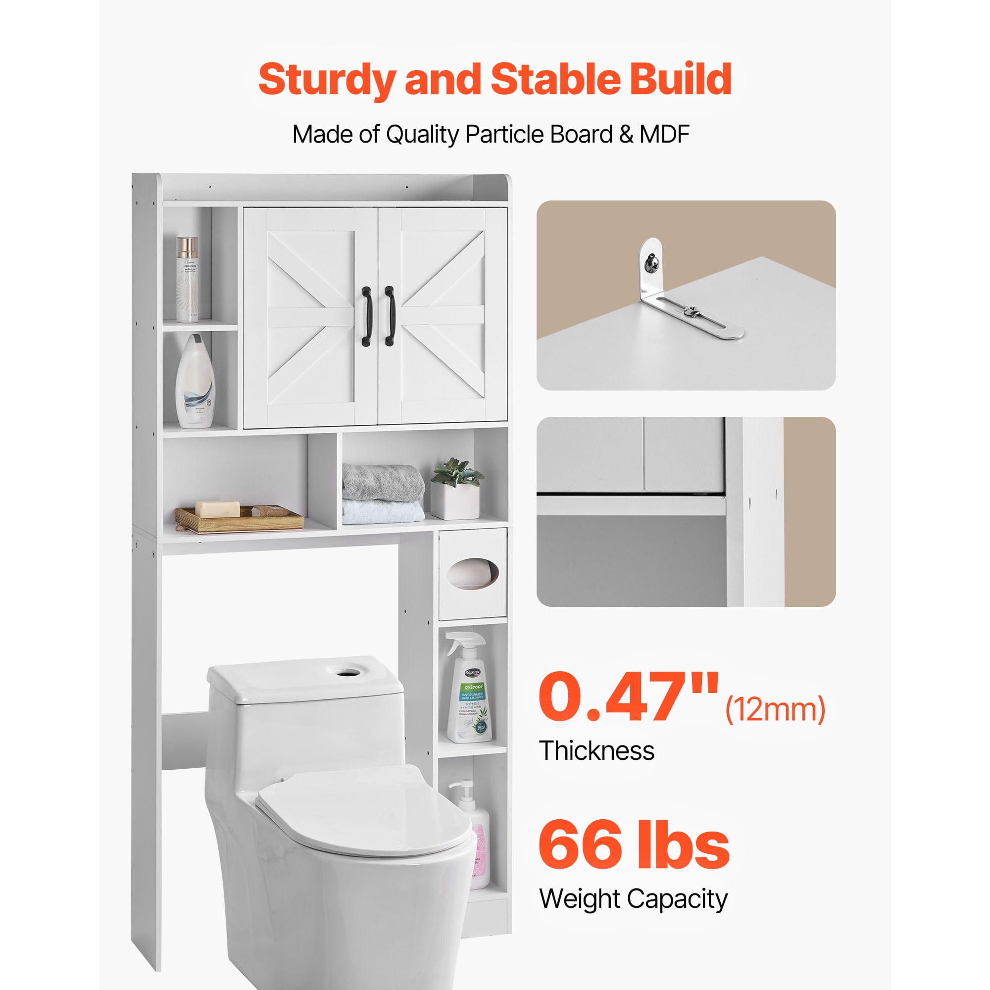 KFFKFF Over-The-Toilet Storage Cabinet, 66.14-Inch Tall Bathroom Organizer with Adjustable Shelf and Double Doors, Space-Saving Bathroom Storage Unit with Open Shelf, White