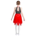 thumbnail image 2 of Manyakai Girls Ice Dance Costume Sleeveless Keyhole Back Rhinestones Metallic Mesh Bodice with Asymmetric Chiffon Skirt Burgundy 14, 2 of 5