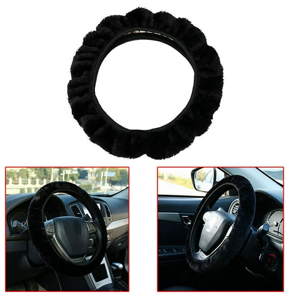 Universal Car Steering Wheel Cover Winter Warm Soft Plush Fluffy Faux Fur Black 38cm Auto Accessories