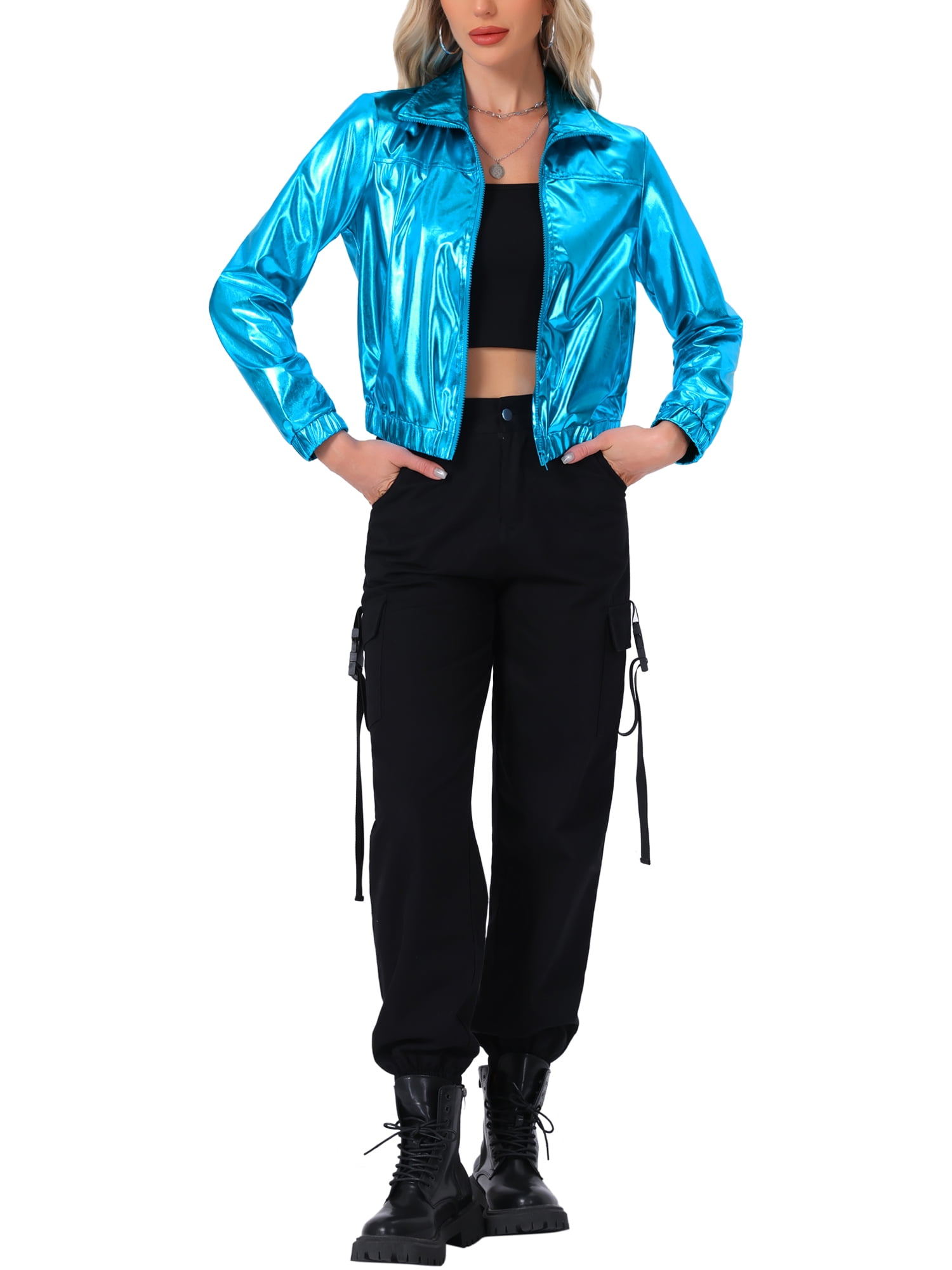 INSPIRE CHIC Women's Holographic Shiny Party Long Sleeve Lightweight Zipper Metallic Jacket M Medium Blue