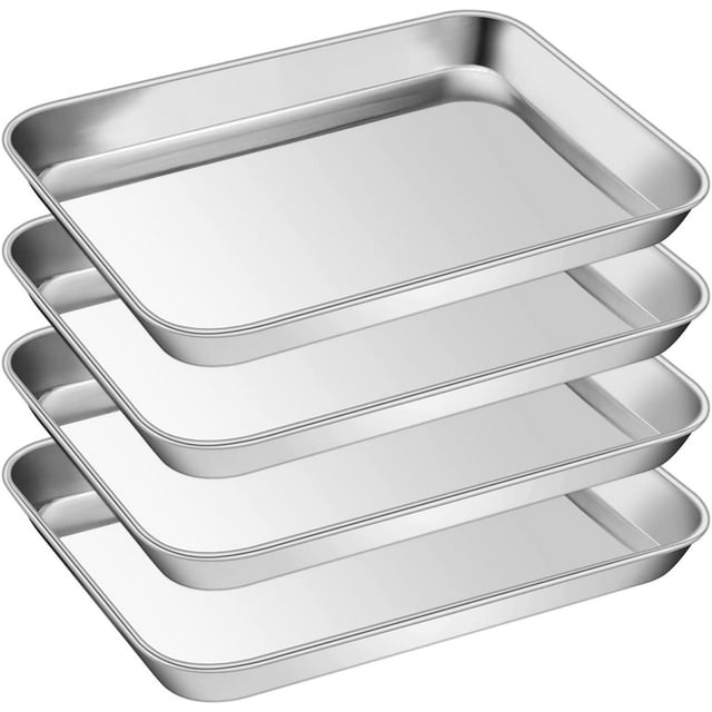 P&P CHEF Stainless Steel Toaster Oven Pan Set, 4-Pieces Mini Baking Pans, Round Smooth Edges & Healthy & Easy Clean, Rectangle 9 x 7 Inches