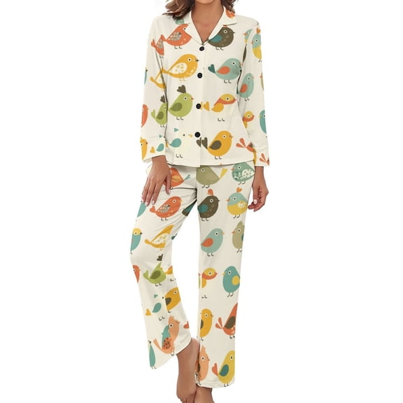 PoBuds Women's Long Sleeve Flannel Pajama Set Sleepwear Cute Bird Cartoon S