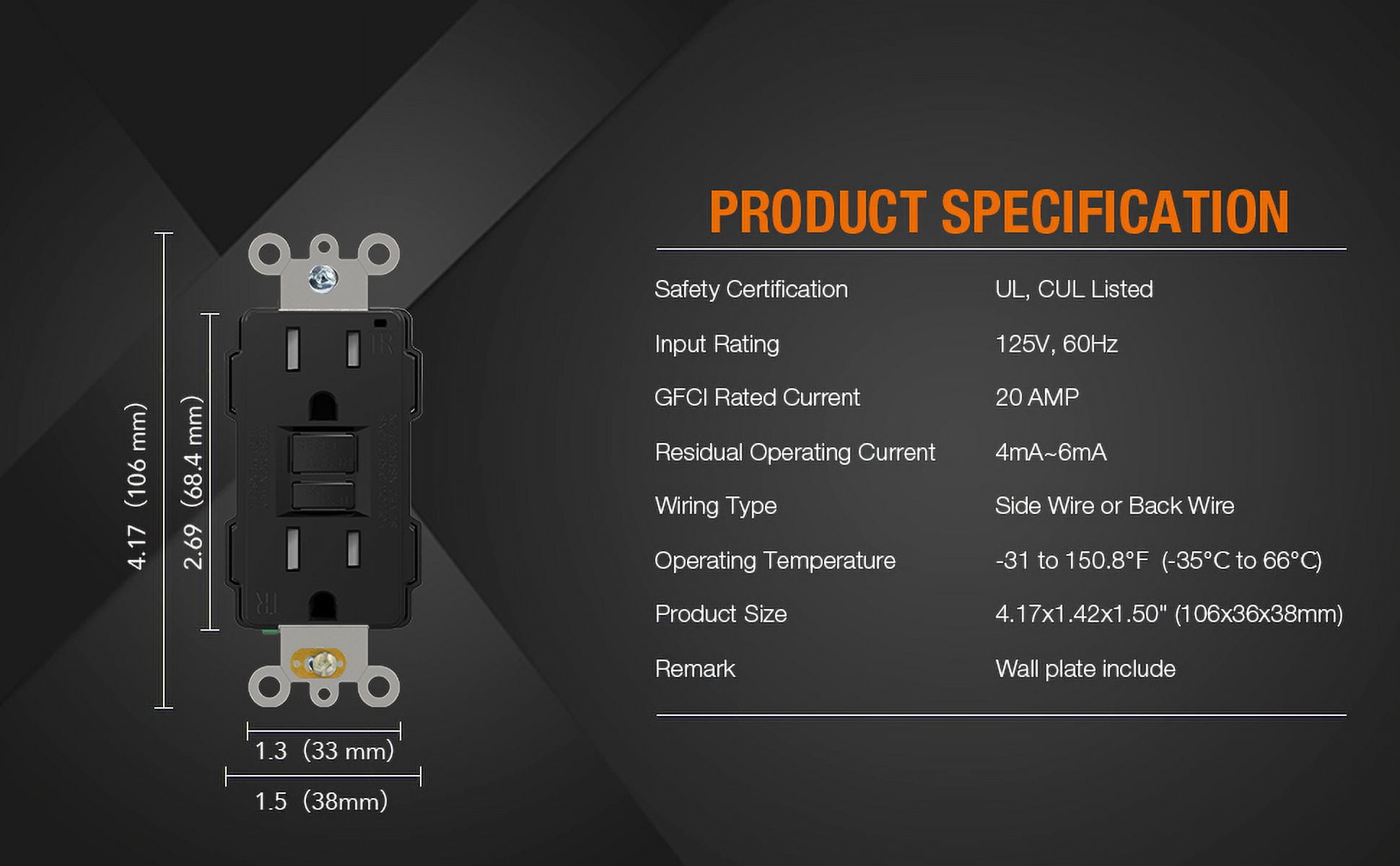 ELEGRP GFCI Outlet 15 Amp, Self-Test GFI Electrical Outlet with Thinner Design, TR Tamper Resistant GFCI Receptacle, Ground Fault Circuit Interrupters with Wall Plate, UL Listed, Black