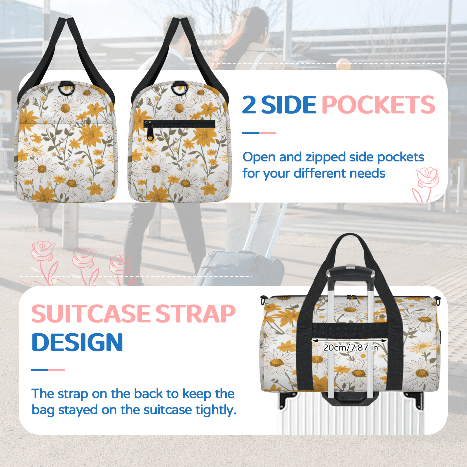 Herdesigns Wild Flowers Floral Gym Bag for Women, Duffle Bag for Travel Sport, Spring Summer Lightweight Waterproof Carry on Weekender Dance Yoga Workout Bags