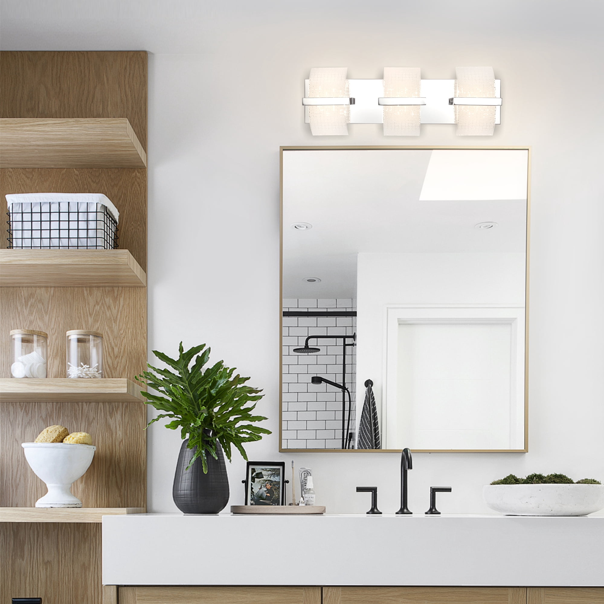 Uznhty LED Bathroom Light Fixtures over Mirror,Dimmable Vanity Lights for Bathroom Wall Light Fixtures with Thicken Ripple Glass Shade 3000K/4000K/5000K 3-Light Chrome