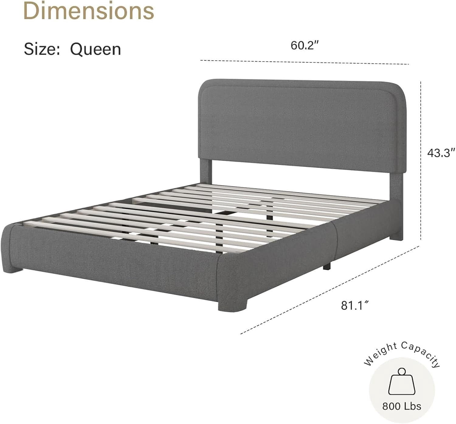 4 EVER WINNER Queen Size Bed Frame, Boucle Upholstered Bed Frame with Headboard, No Box Spring Required, Easy Assembly, Dark Gray