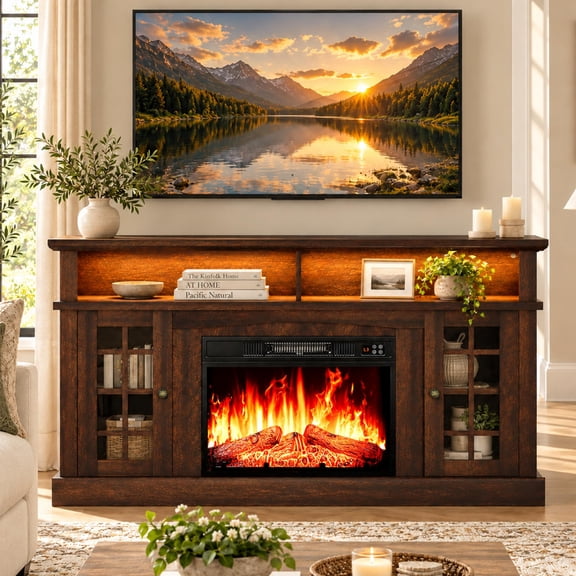 SESSLIFE Fireplace TV Stand for TVs up to 65", 58" Farmhouse Entertainment Center with 23" Electric Fireplace, LED Lights, Glass Door Storage Cabinets, Brown