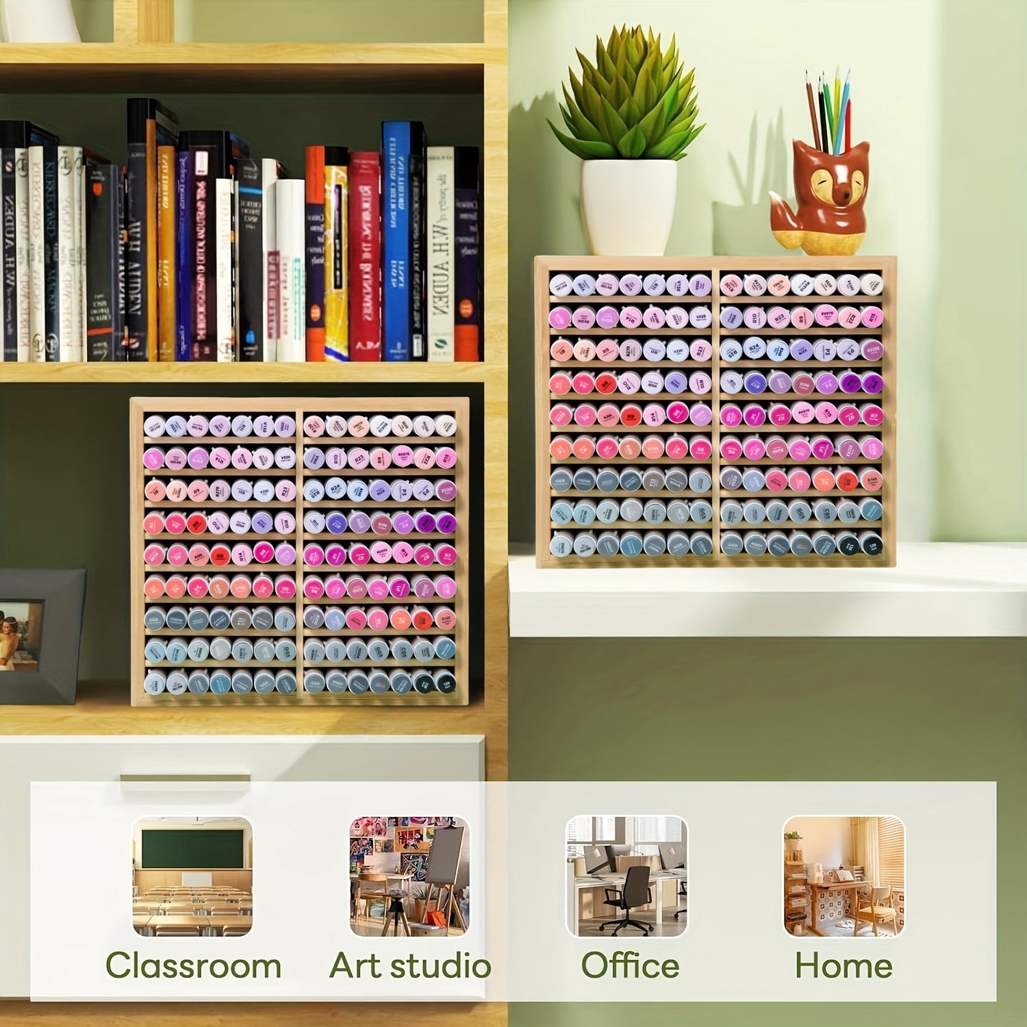 Hangfan Bamboo Marker Pen Storage Rack With 18 Compartments For 126 Marker Pens And Fountain Pens, Wooden Desktop Organizer For Artists
