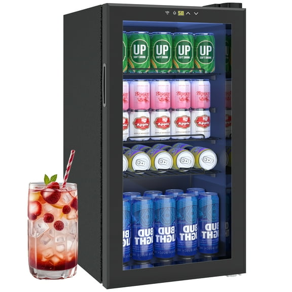 Artbros 3.2 Cu.  ft Mini Fridge with Glass Door, Beverage Refrigerator Cooler with Touch Temperature Control Panel for Soda, Drinks, and Wine