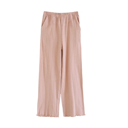 LNWUY Womens Wide Leg Pants Solid Color Casual Home Elastic Waist Flowy Loose Fit Linen Trousers Pajamas Pants Pink M