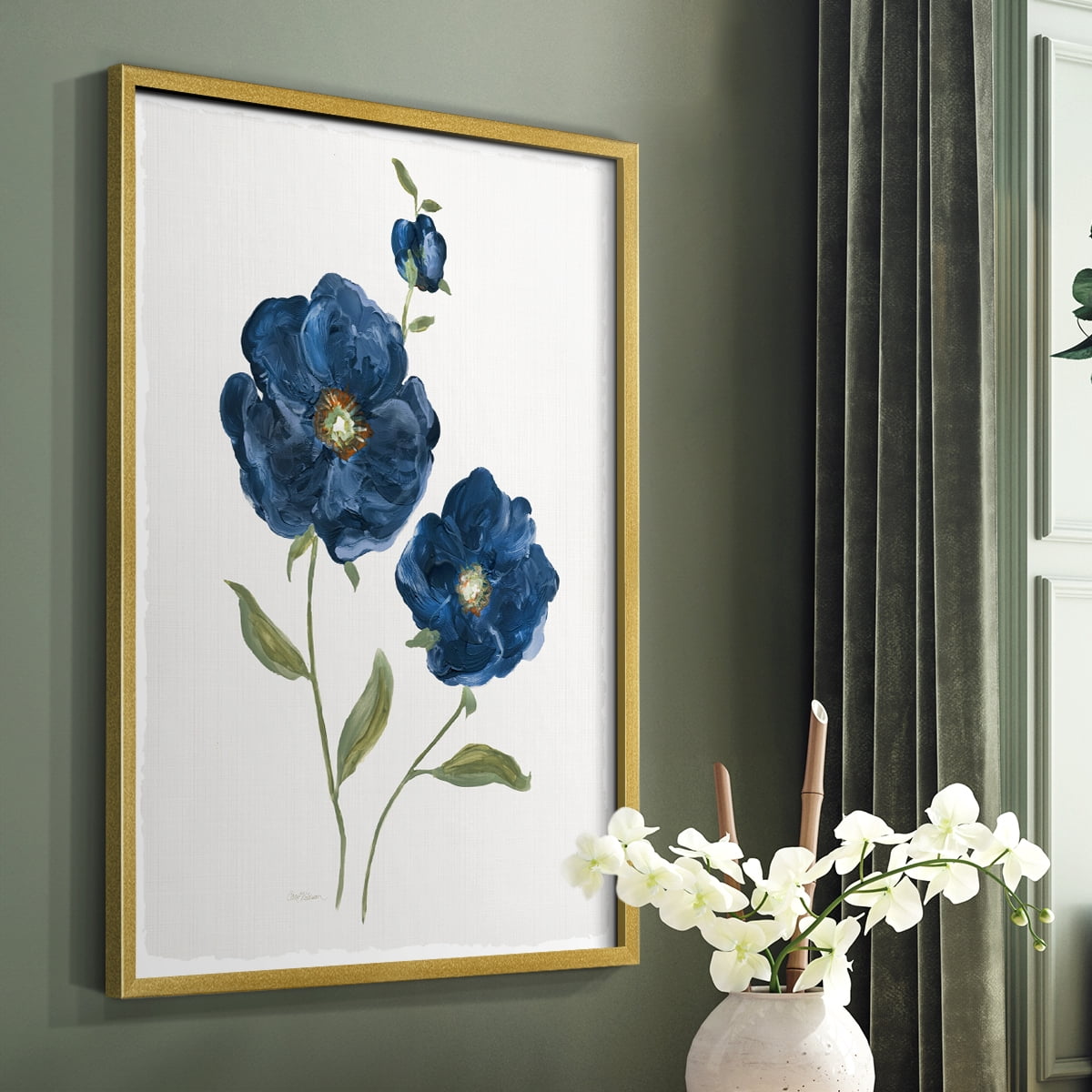 Blue Poppies Framed Print in Gold Solid Wood Framed Print No Nail Hanging