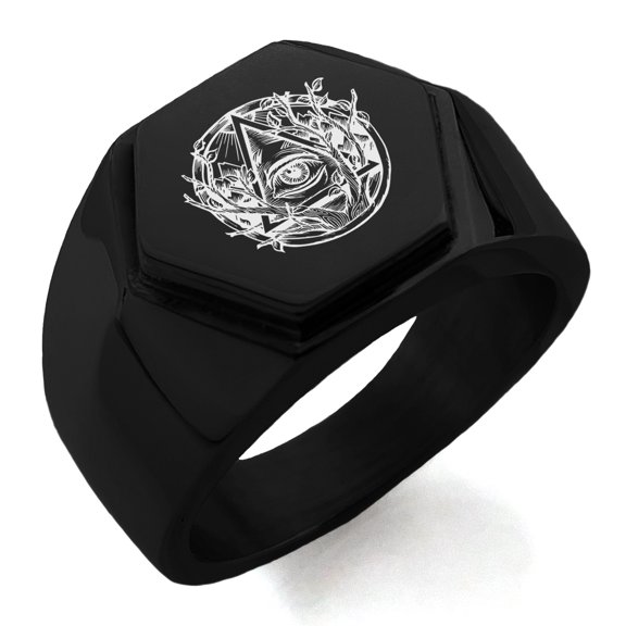 Stainless Steel Rootless All Seeing Eye Engraved Hexagon Crest Flat Top Biker Style Polished Ring