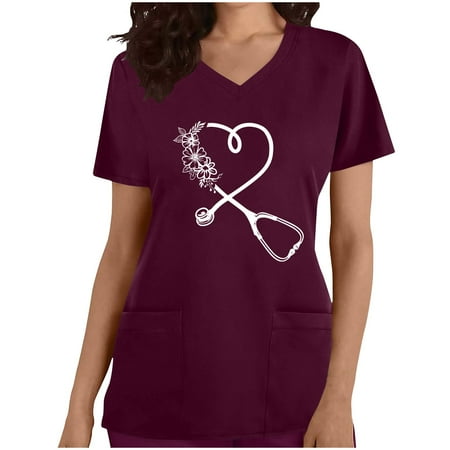 

Womens Scrubs Tops Heartbeat Graphic Printed Short Sleeve V-Neck Nurse Uniforms Soft Stretch Revolution Holiday Scrubs with Pockets