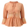 thumbnail image 4 of Elegant Lace Shirt Collar Blouse With Smocked Waist and Chiffon Sleeves Sun Loose Fit Casual Top for Women Oversized T-shirts Short Sleeve Crewneck Casual Tops, 4 of 8