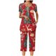 thumbnail image 4 of Puntoco Pijamas para mujer Conjunto de pijama con estampado navideño, cuello redondo, botones, manga corta y cintura elástica con bolsillos y pantalón, 4 of 5