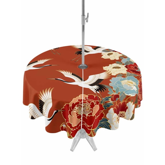 Outdoor Tablecloth with Umbrella Hole for Patio/Picnic/Party/Camping, Japanese Style Waterproof Table Cloth Round Cover Washable, Red Farmhouse Botanical Peony Birds (Dia 54")