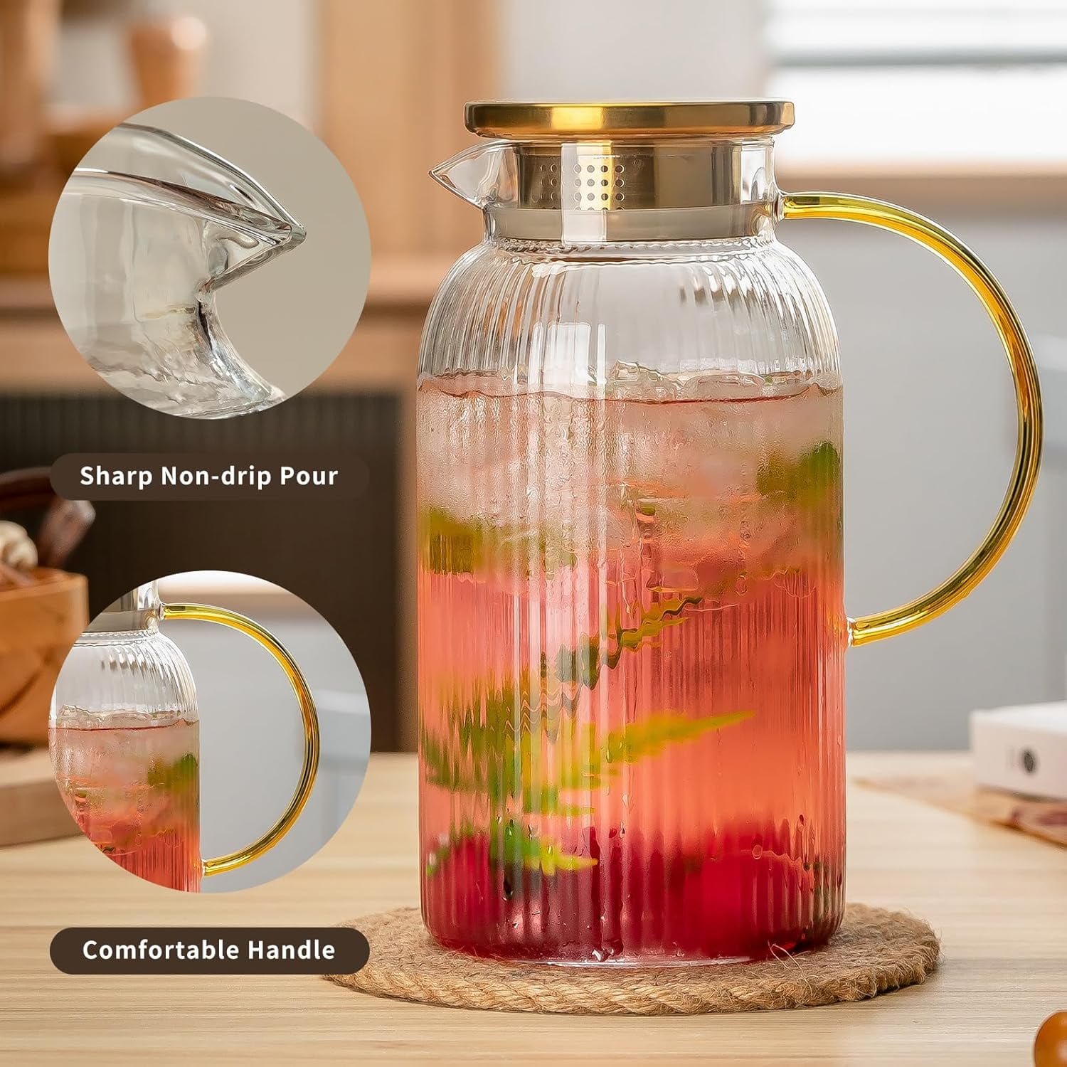 2 Pack Glass Pitcher with Lid, 68 oz/2 Liter Clear Water Pitcher for Cold Brew, Coffee, Lemonade, Heat Resistant