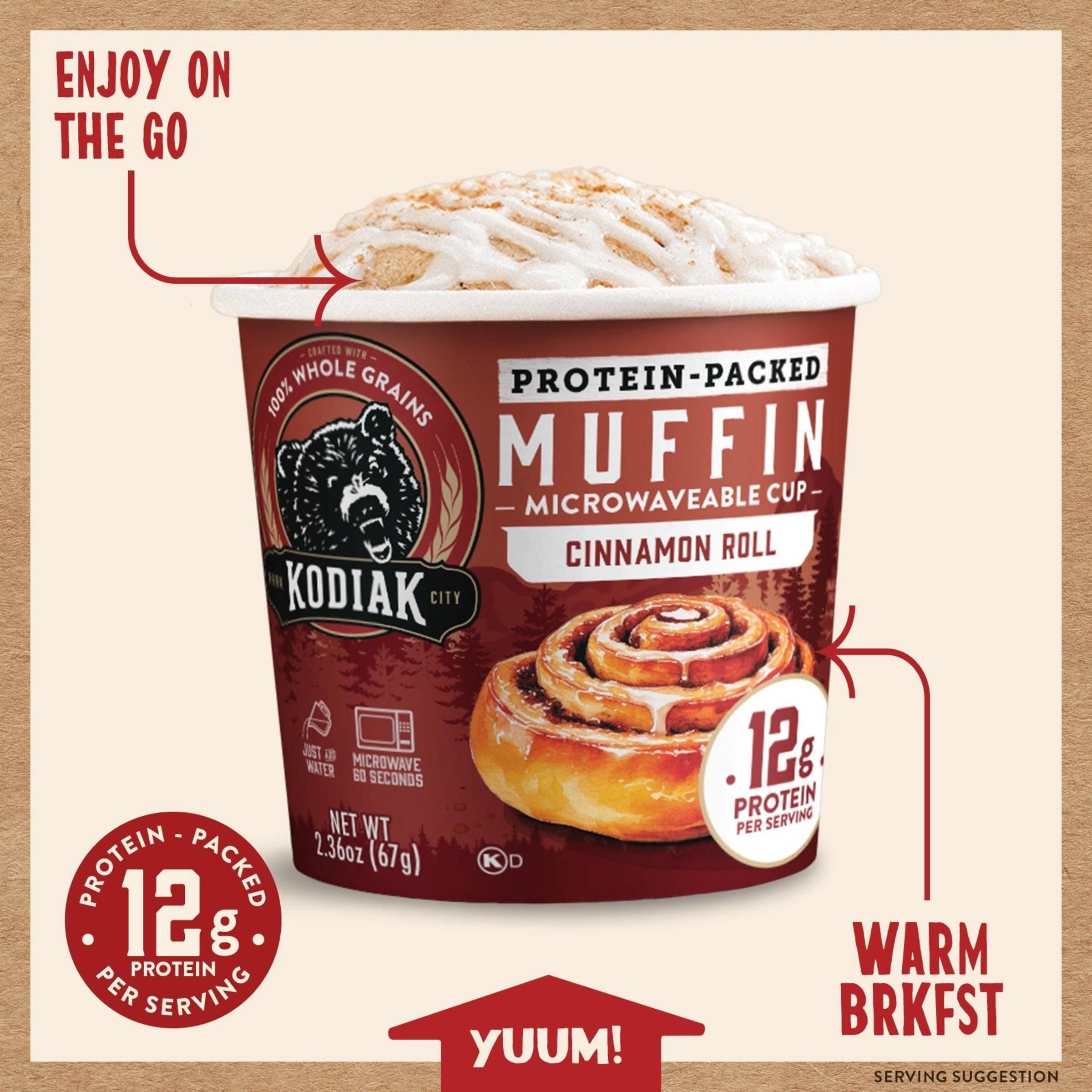 (3 pack) Kodiak Cakes Cinnamon Roll Muffin Cup, 12g of Protein per Serving, 2.36 oz