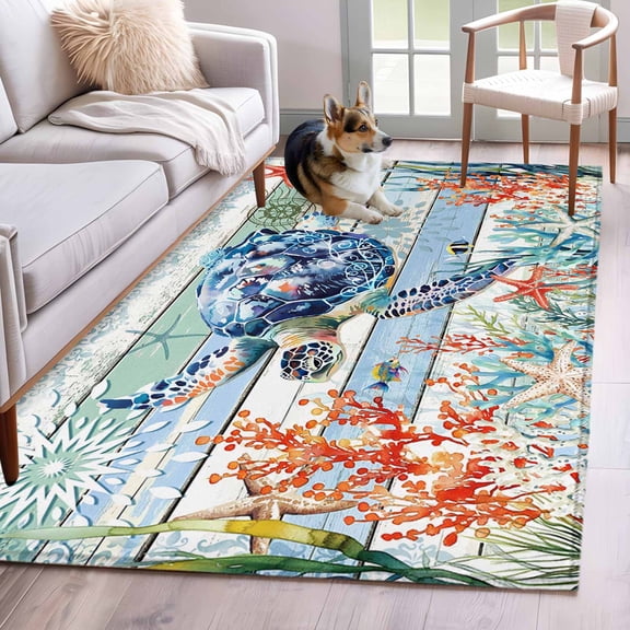 Sea Turtle Ocean Area Rug 3x5 Washable Rug Non Slip Summer Beach Coastal Coral Wooden Large Area Rug Indoor Floor Carpet for Entryway Bedroom Kitchen Living Room Home Office Dining Room Nursery