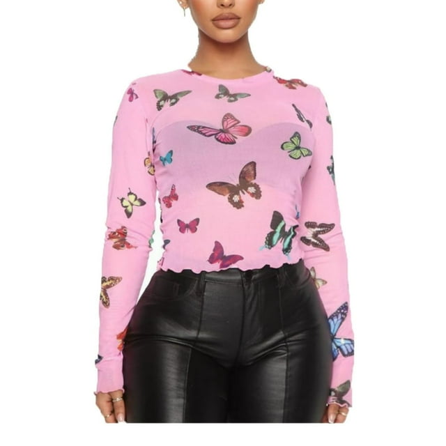 MesaSe Femmes Papillon Imprimé Mesh T-shirts à Manches Longues Voir à Travers les Hauts d'Été