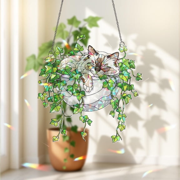 Birman Cat Hologram Ornament: Sleeping Cat in Ivy Acrylic Window Hanging
